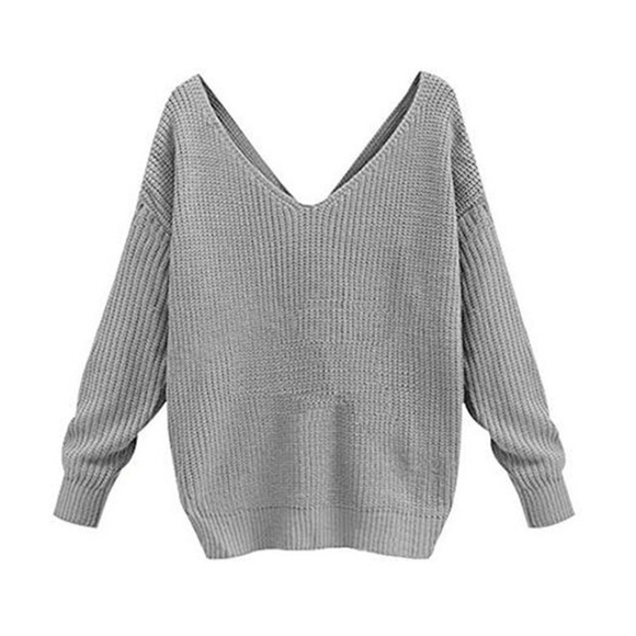 💥 Twisted Open Knot Back Knit V Neck Sweater Grey - Picture 2 of 4
